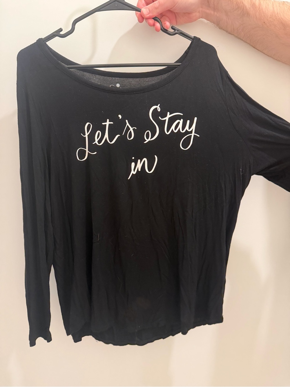 Sunday Black Long Sleeve Top with White “Let’s Stay in” Script